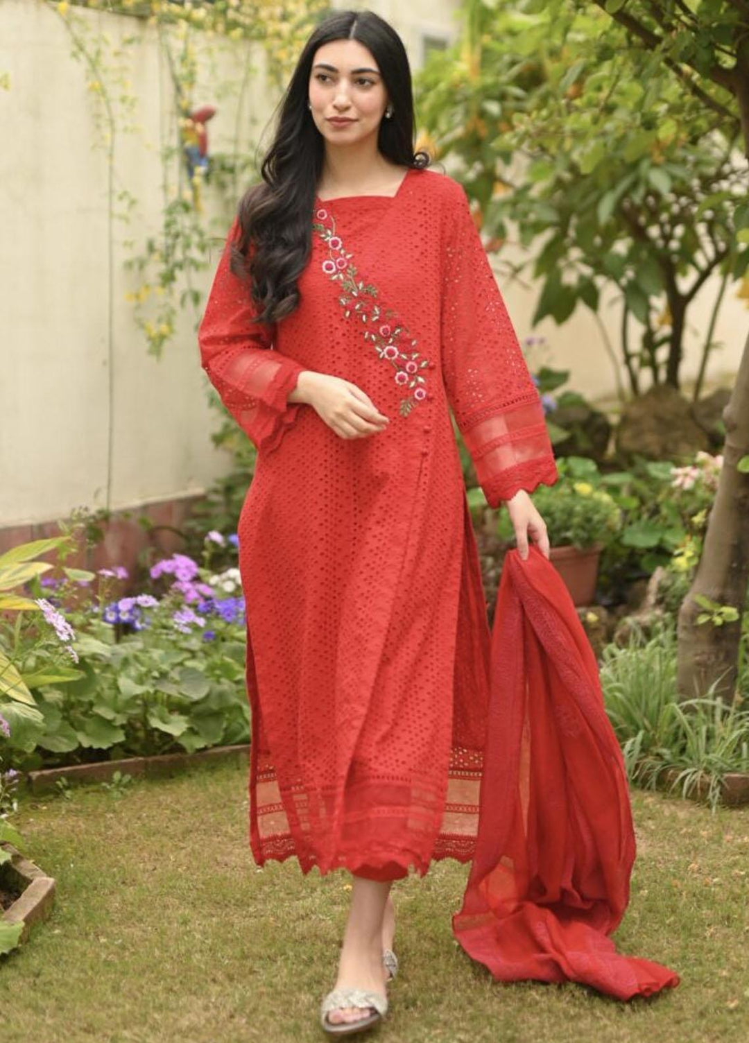 Hues Atelier Pret Embroidered Chikankari 3 Piece Suit HA23B Red Chicken Angrakha