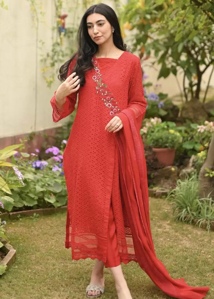 Hues Atelier Pret Embroidered Chikankari 3 Piece Suit HA23B Red Chicken Angrakha