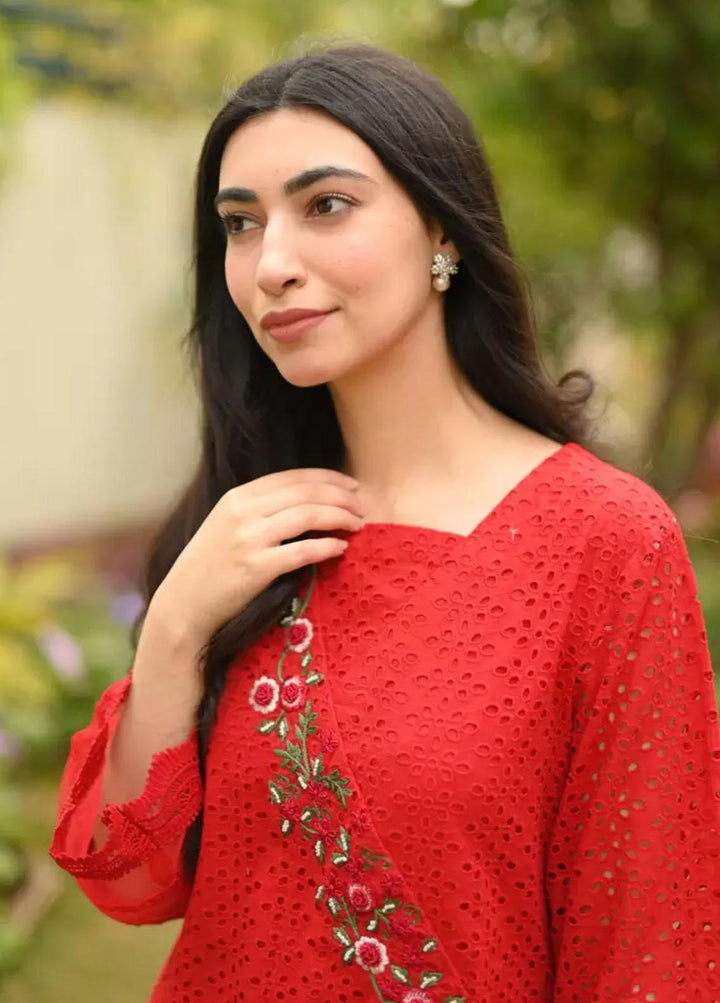 Hues Atelier Pret Embroidered Chikankari 3 Piece Suit HA23B Red Chicken Angrakha