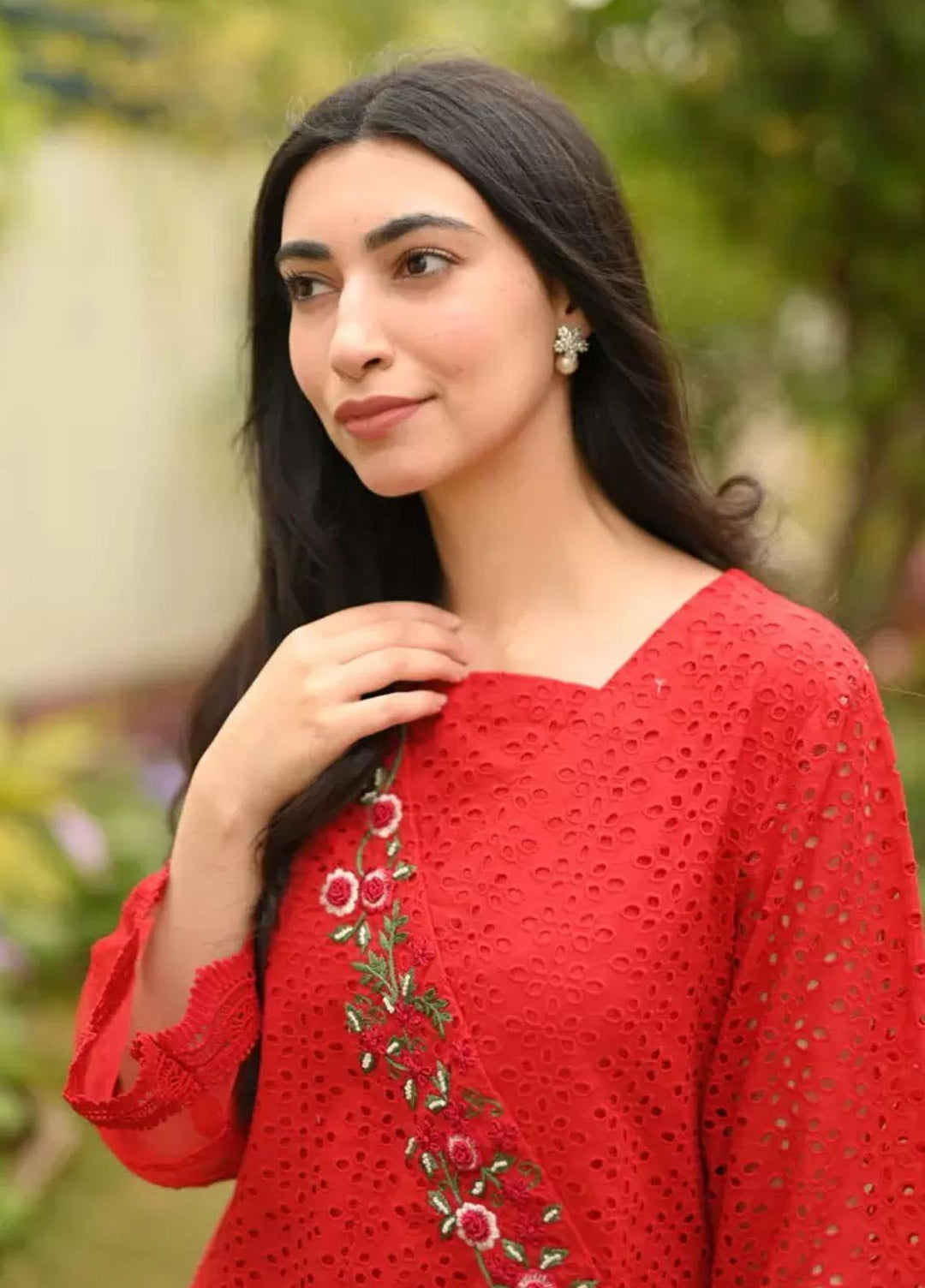 Hues Atelier Pret Embroidered Chikankari 3 Piece Suit HA23B Red Chicken Angrakha
