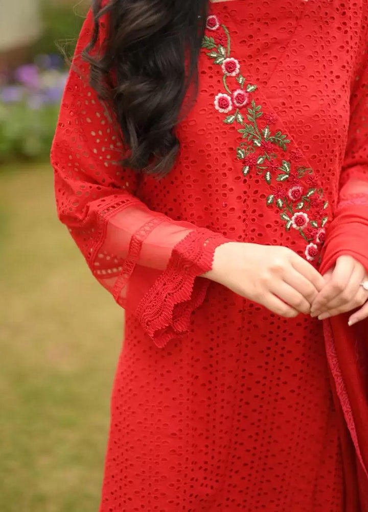 Hues Atelier Pret Embroidered Chikankari 3 Piece Suit HA23B Red Chicken Angrakha