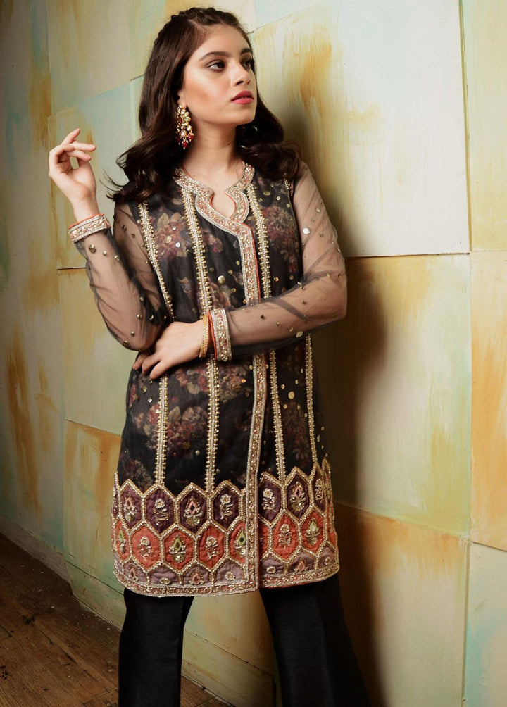 Hues Atelier Pret Embroidered Net 2 Piece Suit HA23LF Charcoal Jade