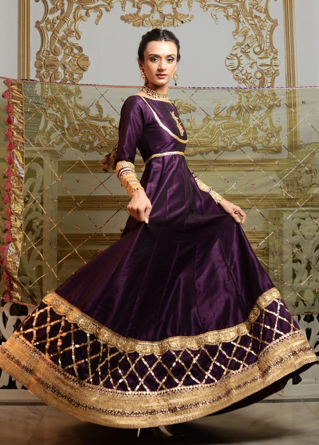 Hues Atelier Pret Embroidered Raw Silk 2 Piece Suit HA23LF Gota Heirloom Anarkali