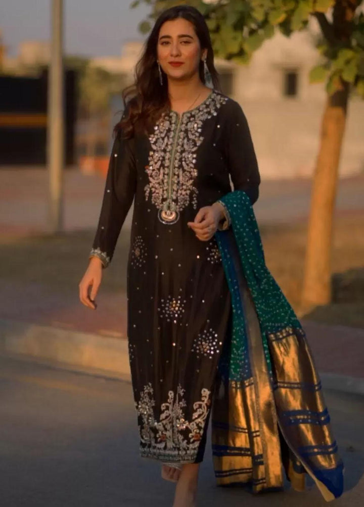 Hues Atelier Pret Embroidered Raw Silk 3 Piece Suit HA23LF Heritage Black Formal