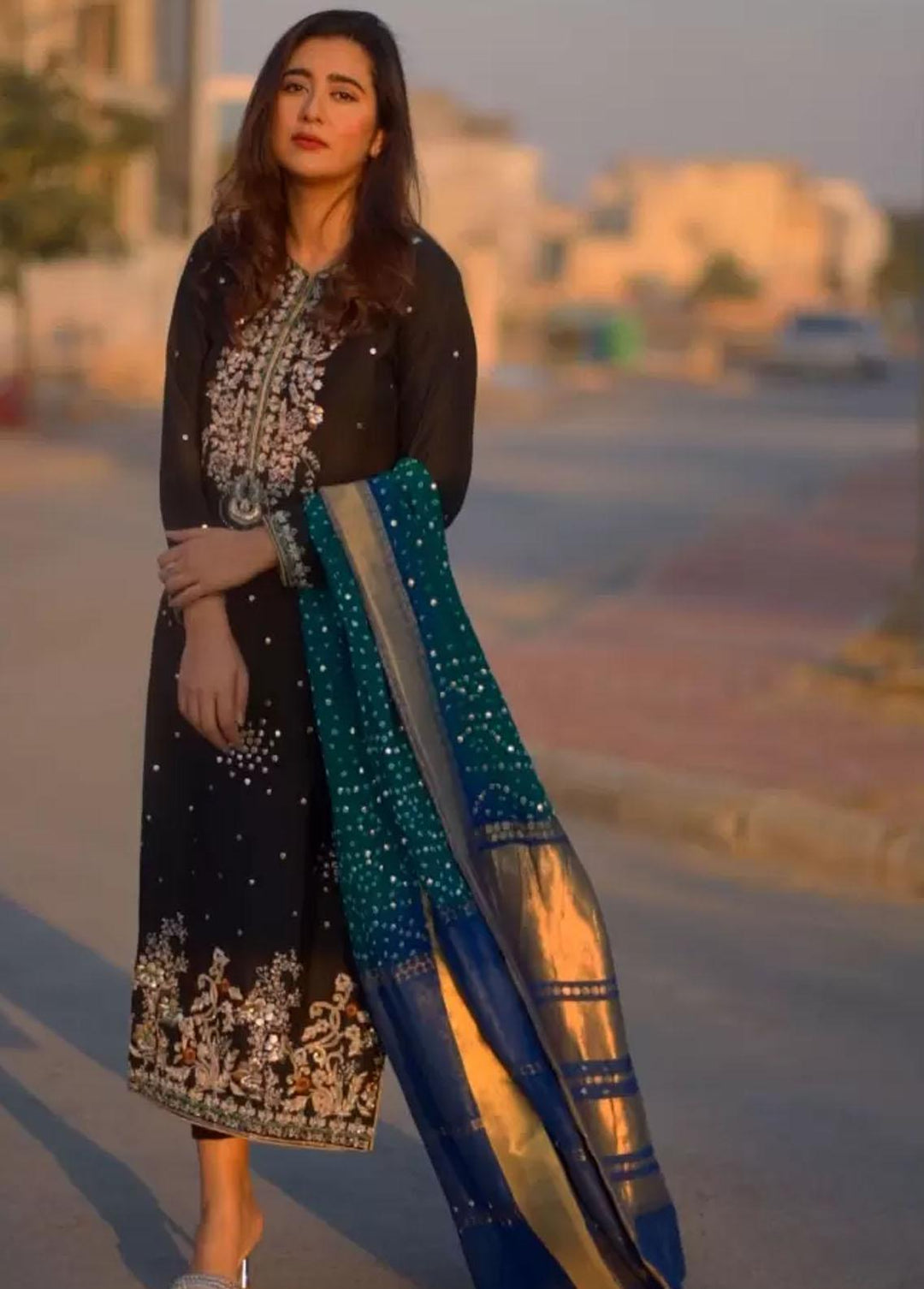 Hues Atelier Pret Embroidered Raw Silk 3 Piece Suit HA23LF Heritage Black Formal