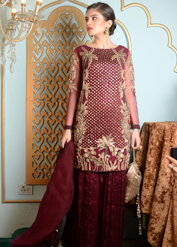 Hues Atelier Pret Embroidered Organza 3 Piece Suit HA23LF Plum Haute