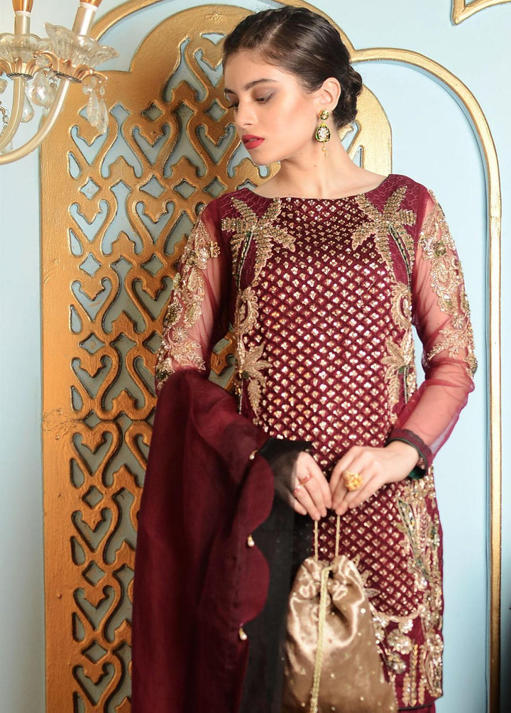 Hues Atelier Pret Embroidered Organza 3 Piece Suit HA23LF Plum Haute