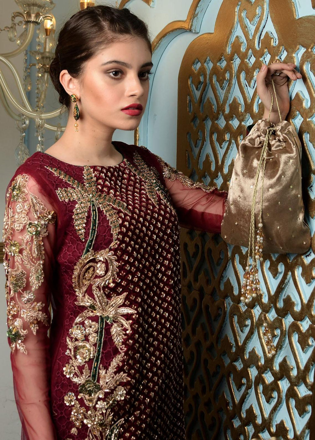 Hues Atelier Pret Embroidered Organza 3 Piece Suit HA23LF Plum Haute