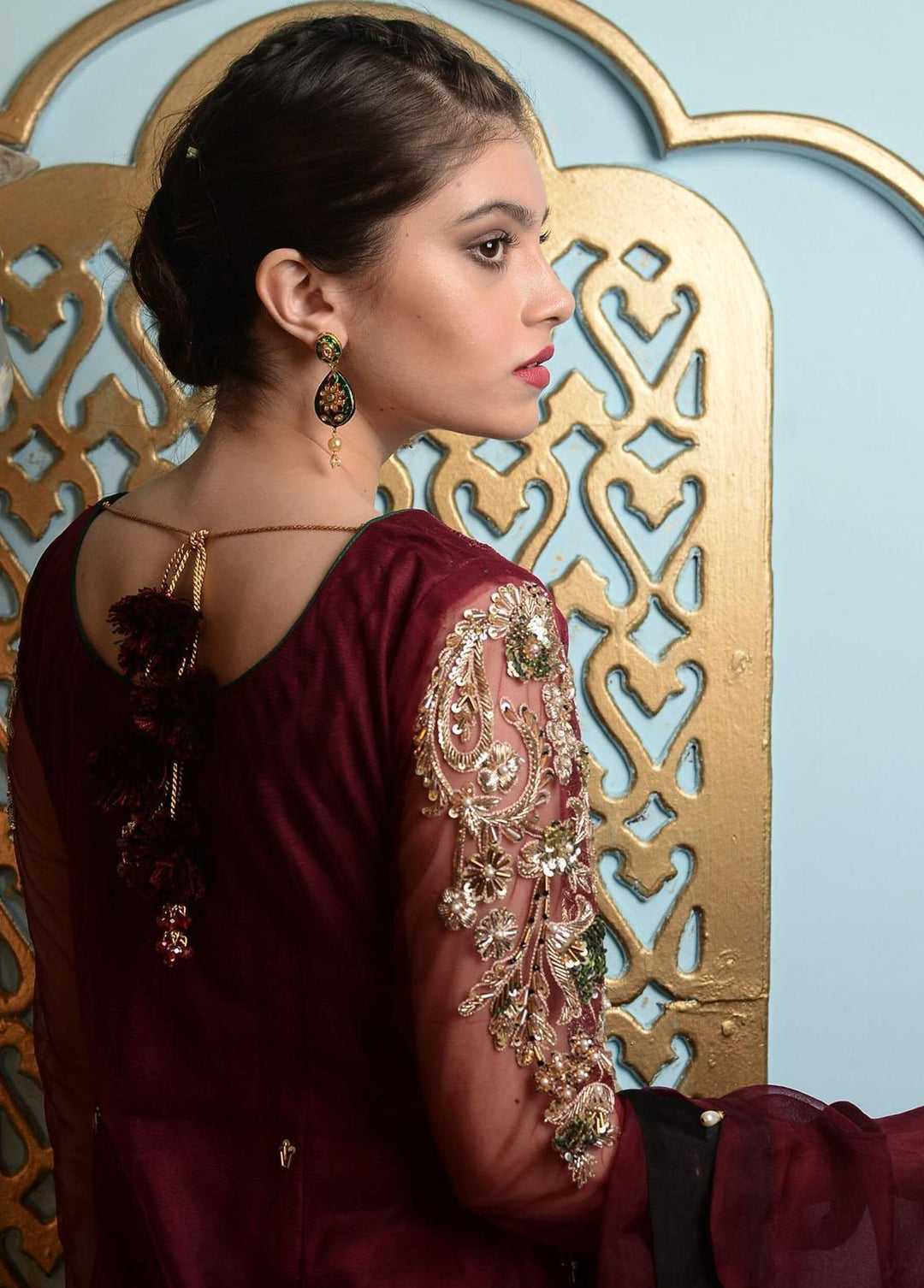 Hues Atelier Pret Embroidered Organza 3 Piece Suit HA23LF Plum Haute