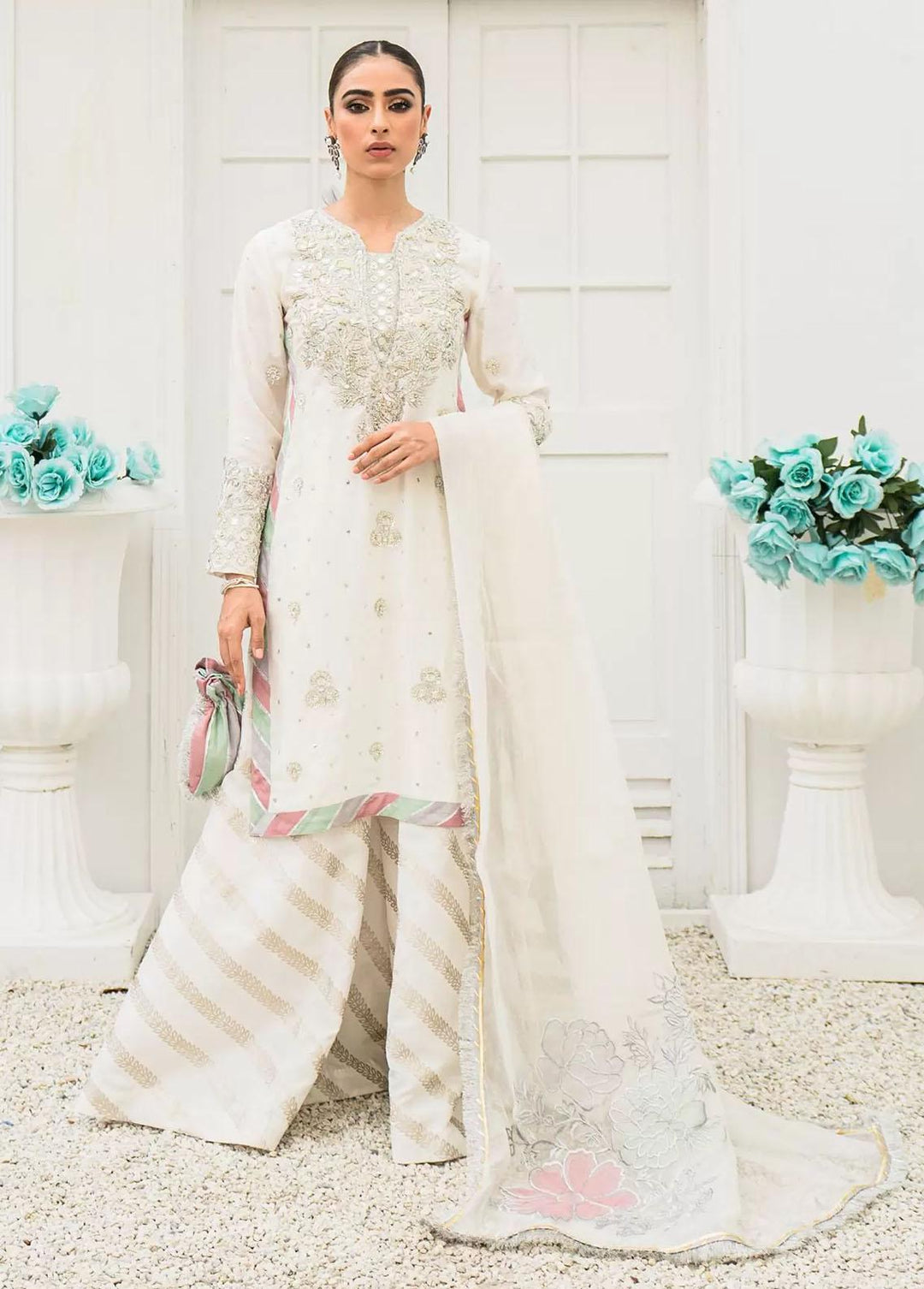 Hues Atelier Pret Embroidered Raw Silk 3 Piece Suit HA23LF Rania