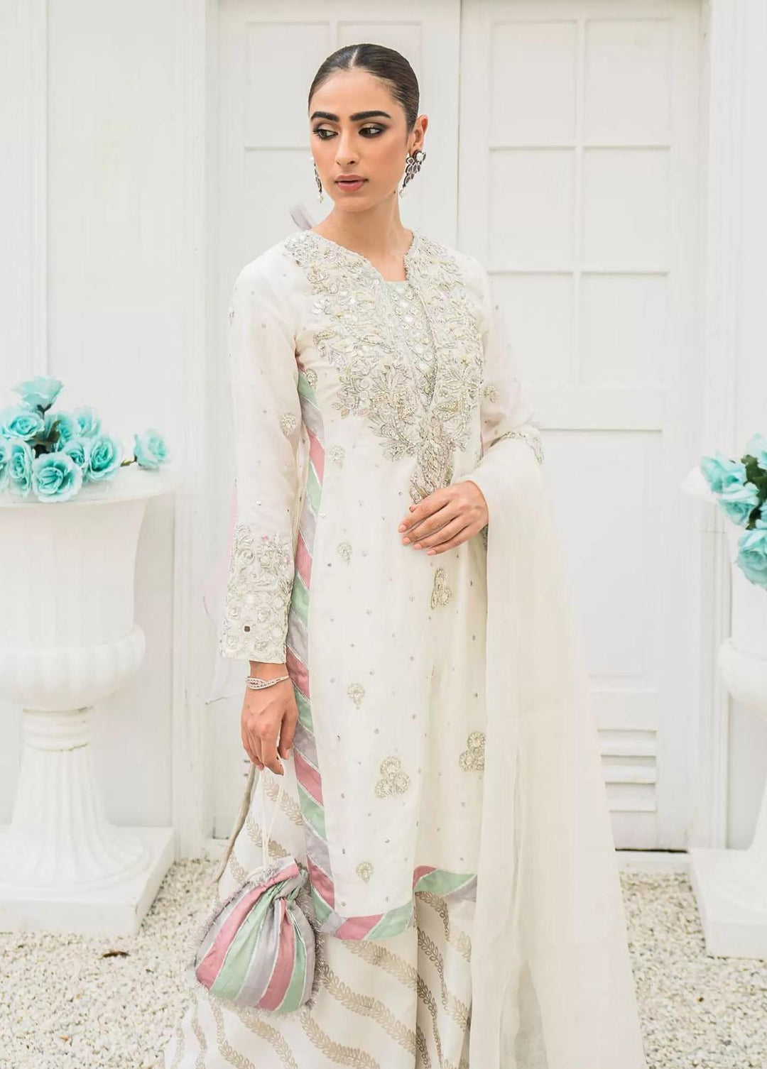 Hues Atelier Pret Embroidered Raw Silk 3 Piece Suit HA23LF Rania