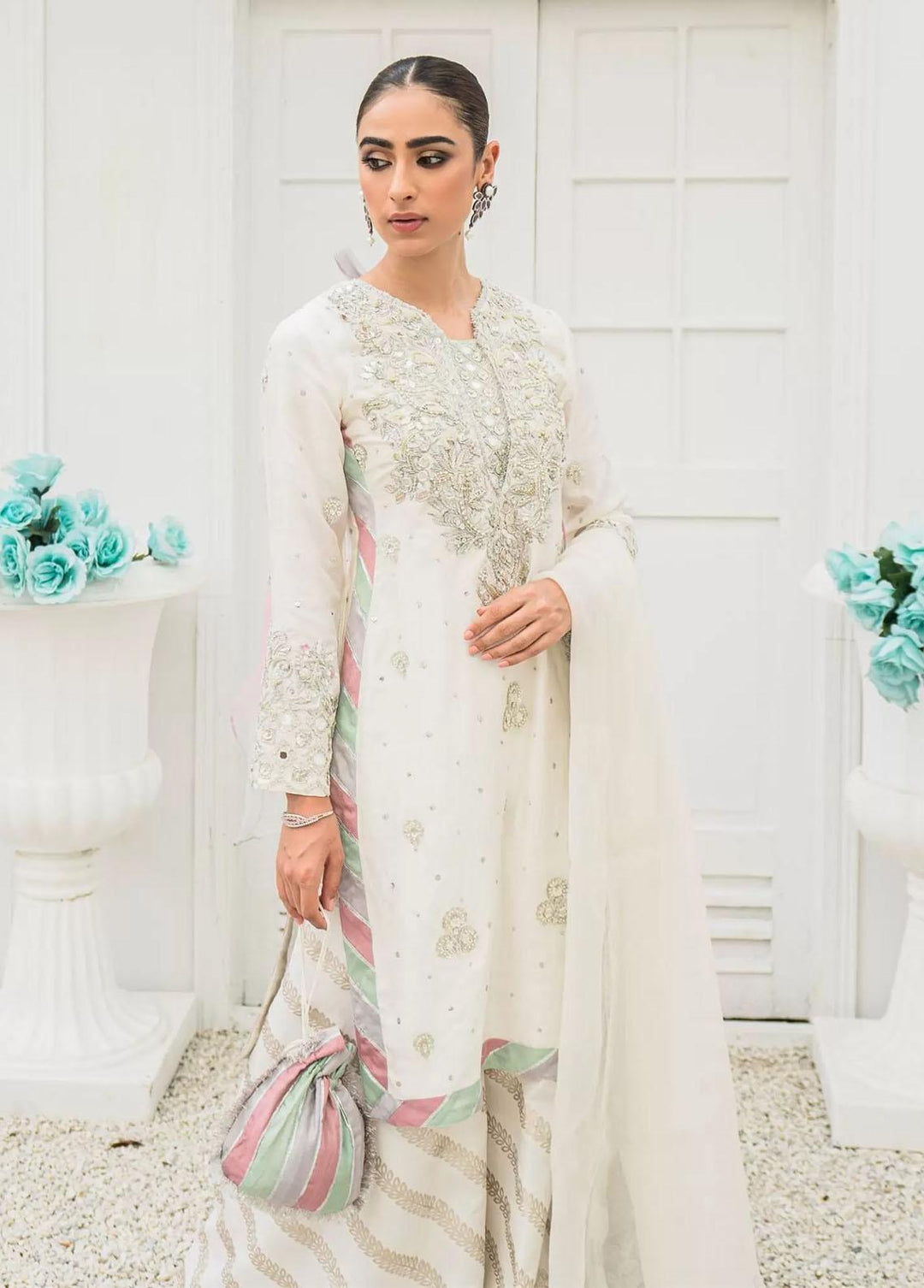 Hues Atelier Pret Embroidered Raw Silk 3 Piece Suit HA23LF Rania