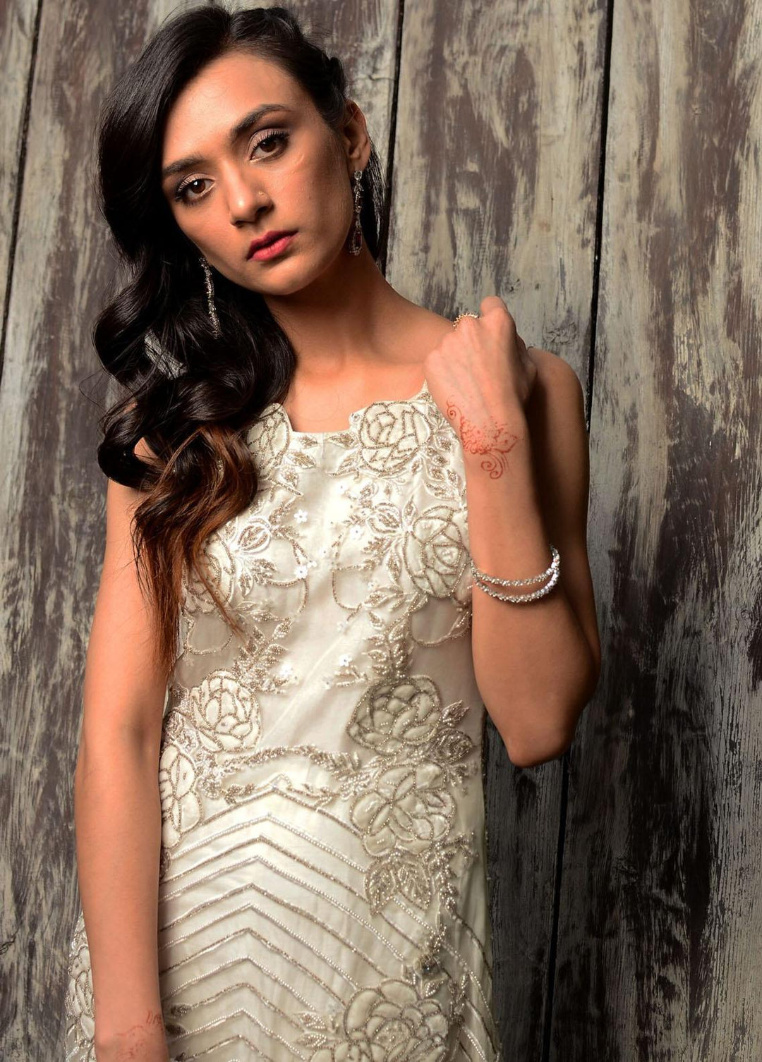 Hues Atelier Pret Embroidered Organza Gown HA23LF White Loom