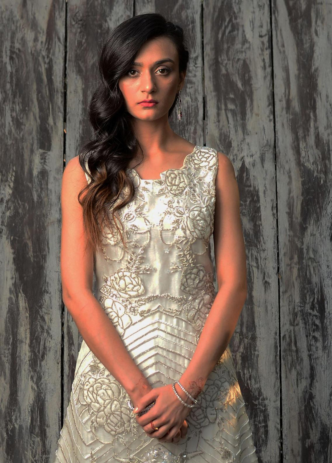 Hues Atelier Pret Embroidered Organza Gown HA23LF White Loom