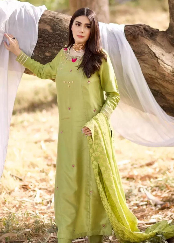 Hues Atelier Pret Embroidered Raw Silk 3 Piece Suit HA23LP Apple Green Gota