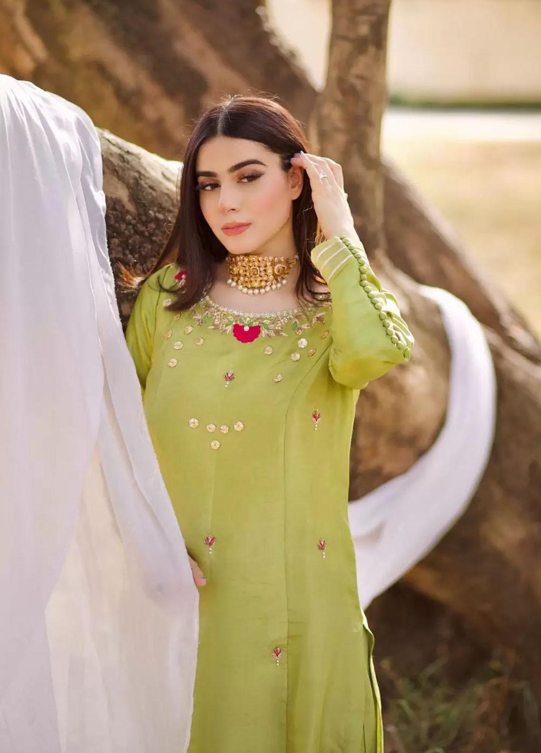 Hues Atelier Pret Embroidered Raw Silk 3 Piece Suit HA23LP Apple Green Gota