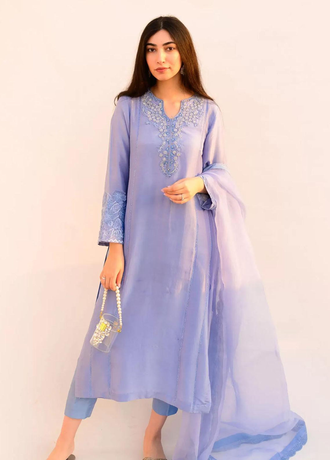 Hues Atelier Pret Embroidered Raw Silk 3 Piece Suit HA23LP Birdy Blue