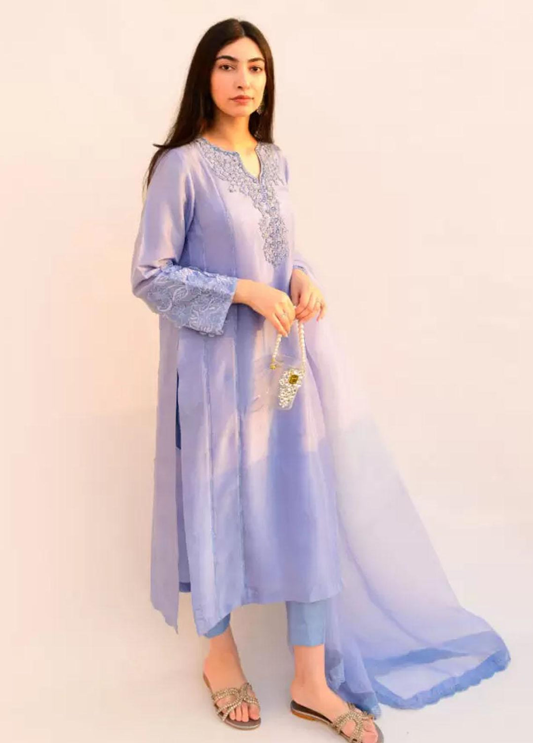 Hues Atelier Pret Embroidered Raw Silk 3 Piece Suit HA23LP Birdy Blue
