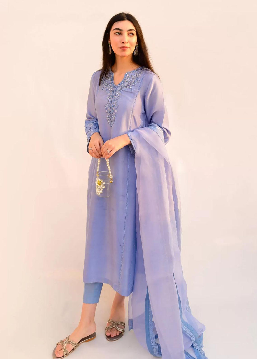 Hues Atelier Pret Embroidered Raw Silk 3 Piece Suit HA23LP Birdy Blue