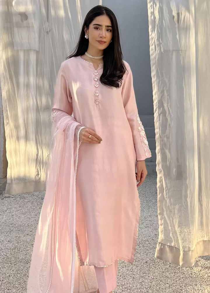 Hues Atelier Pret Embroidered Raw Silk 3 Piece Suit HA23LP Bloom Pink