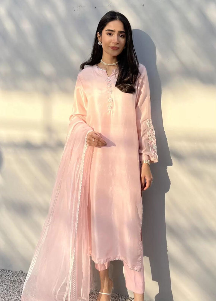 Hues Atelier Pret Embroidered Raw Silk 3 Piece Suit HA23LP Bloom Pink