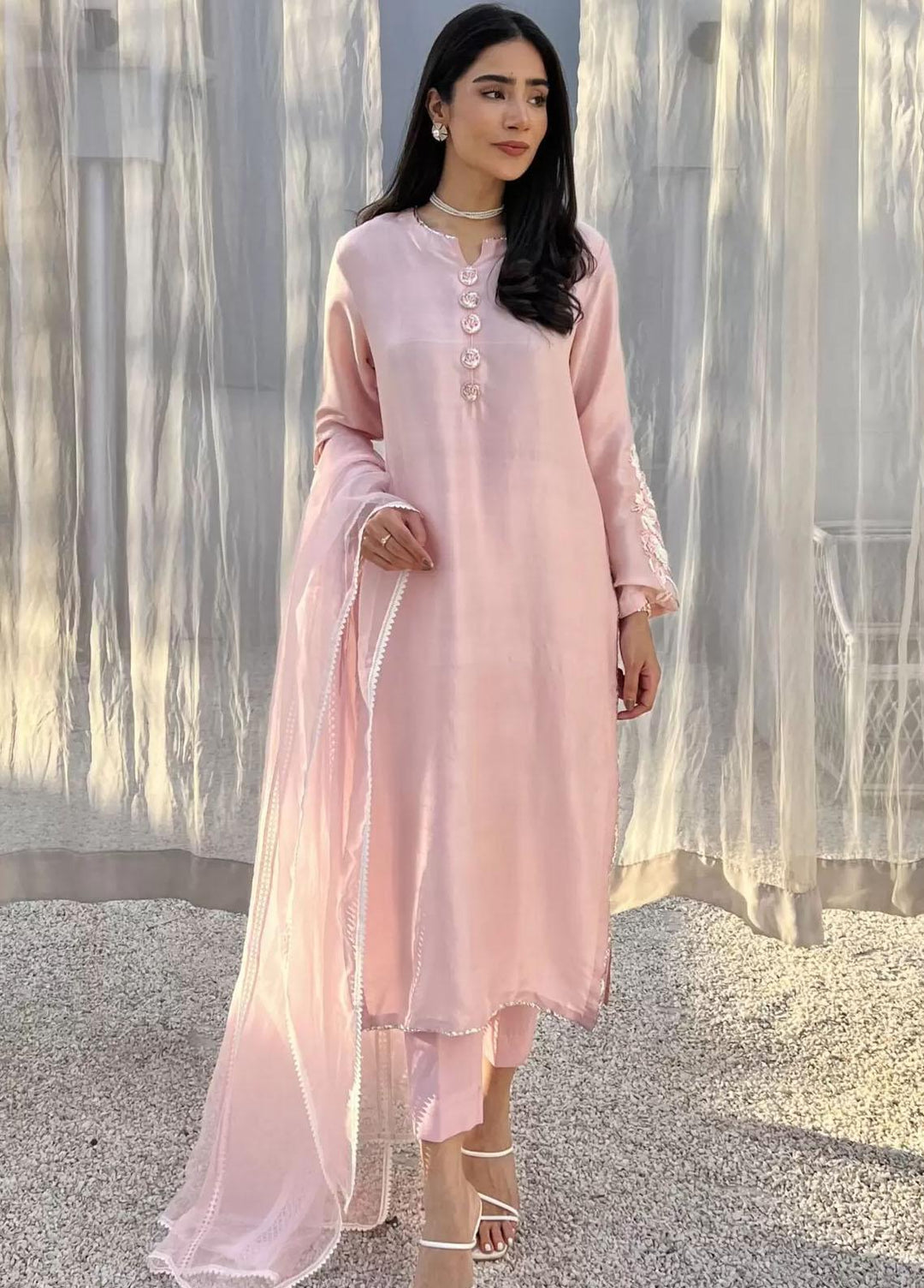 Hues Atelier Pret Embroidered Raw Silk 3 Piece Suit HA23LP Bloom Pink