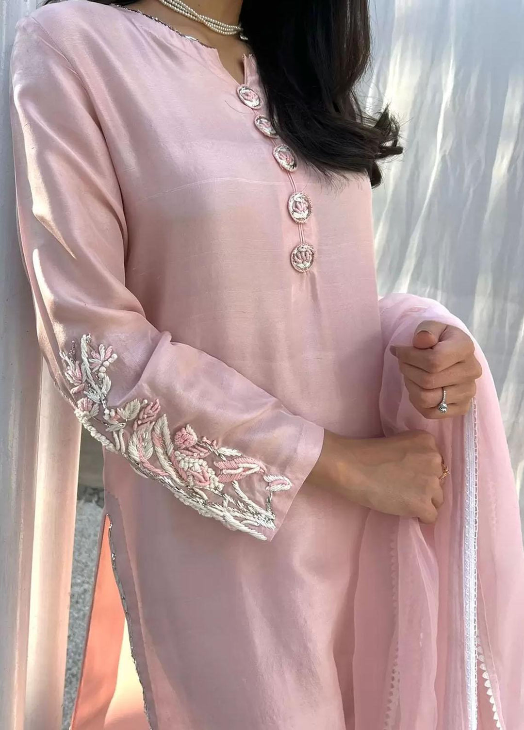 Hues Atelier Pret Embroidered Raw Silk 3 Piece Suit HA23LP Bloom Pink