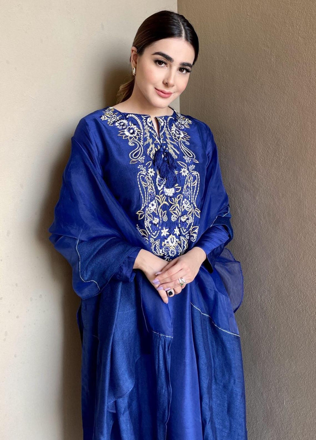 Hues Atelier Pret Embroidered Raw Silk 3 Piece Suit HA23LP Blue Rhyme