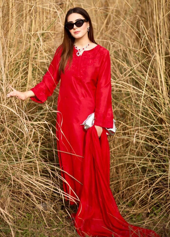 Hues Atelier Pret Embroidered Raw Silk 3 Piece Suit HA23LP Cherry Red