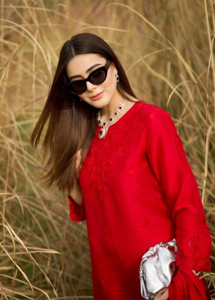 Hues Atelier Pret Embroidered Raw Silk 3 Piece Suit HA23LP Cherry Red