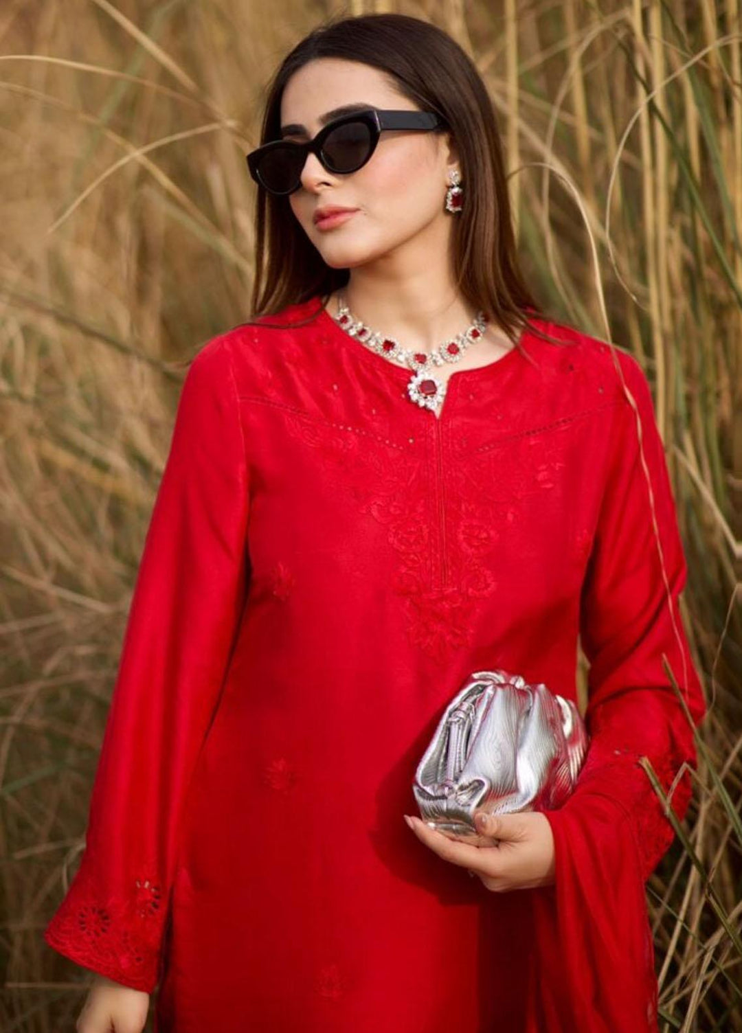 Hues Atelier Pret Embroidered Raw Silk 3 Piece Suit HA23LP Cherry Red