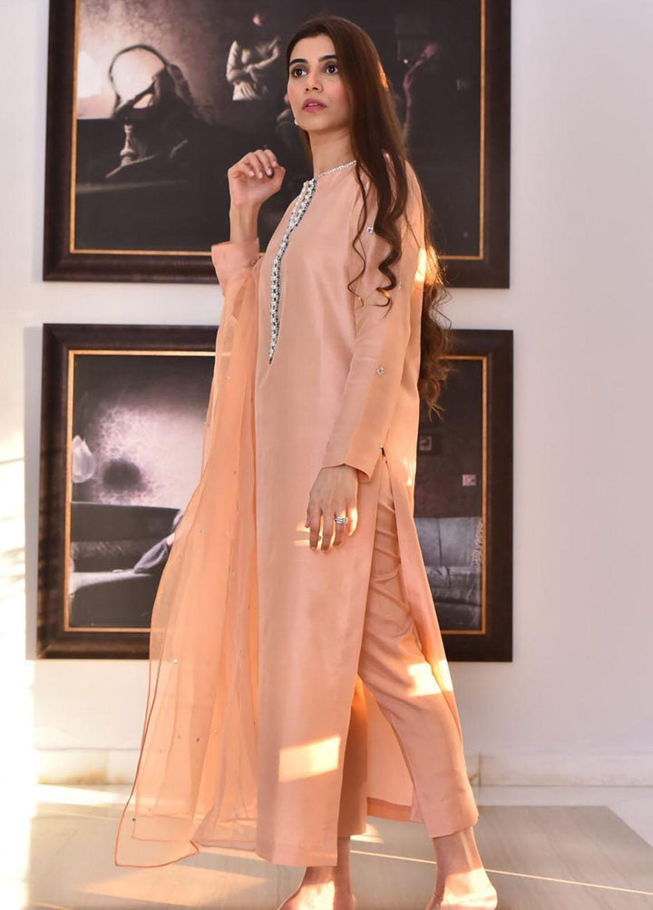 Hues Atelier Pret Embroidered Raw Silk 3 Piece Suit HA23LP French Peach
