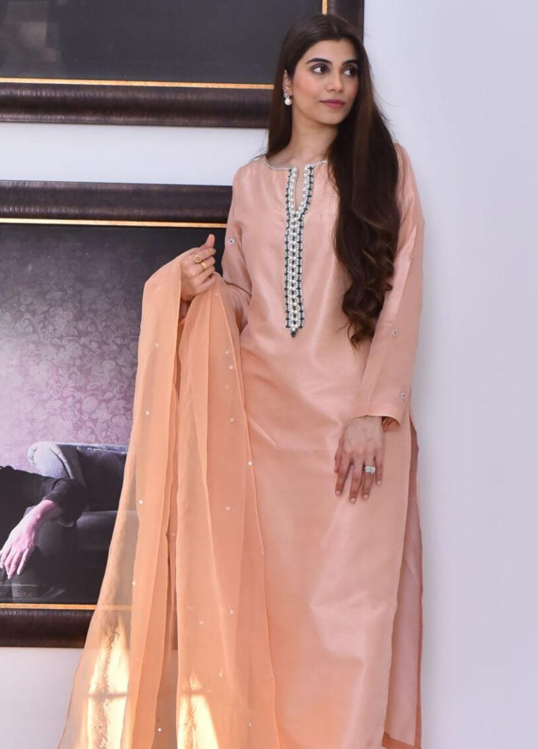 Hues Atelier Pret Embroidered Raw Silk 3 Piece Suit HA23LP French Peach