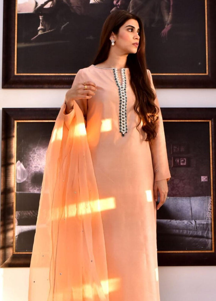 Hues Atelier Pret Embroidered Raw Silk 3 Piece Suit HA23LP French Peach