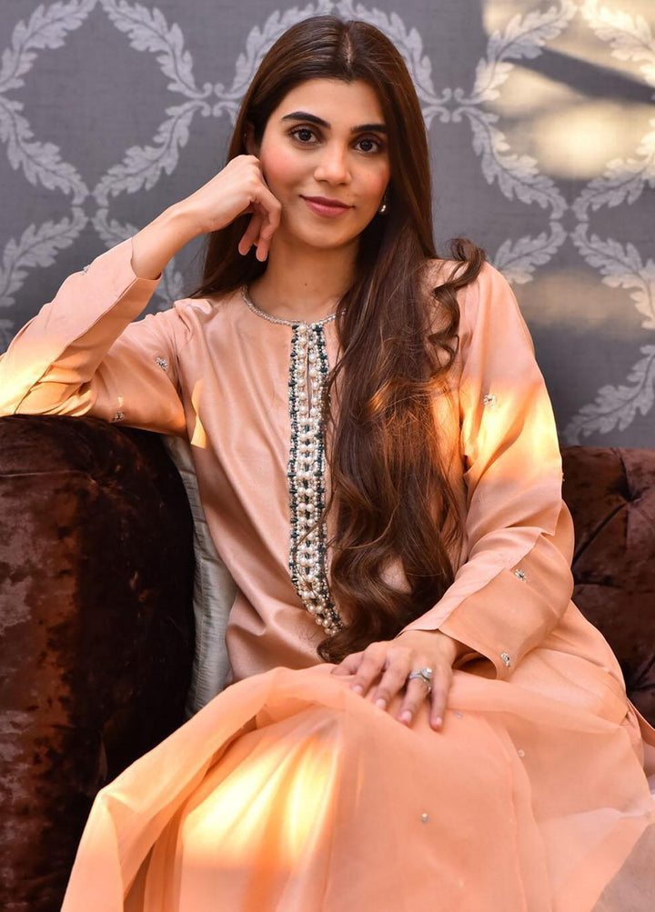 Hues Atelier Pret Embroidered Raw Silk 3 Piece Suit HA23LP French Peach