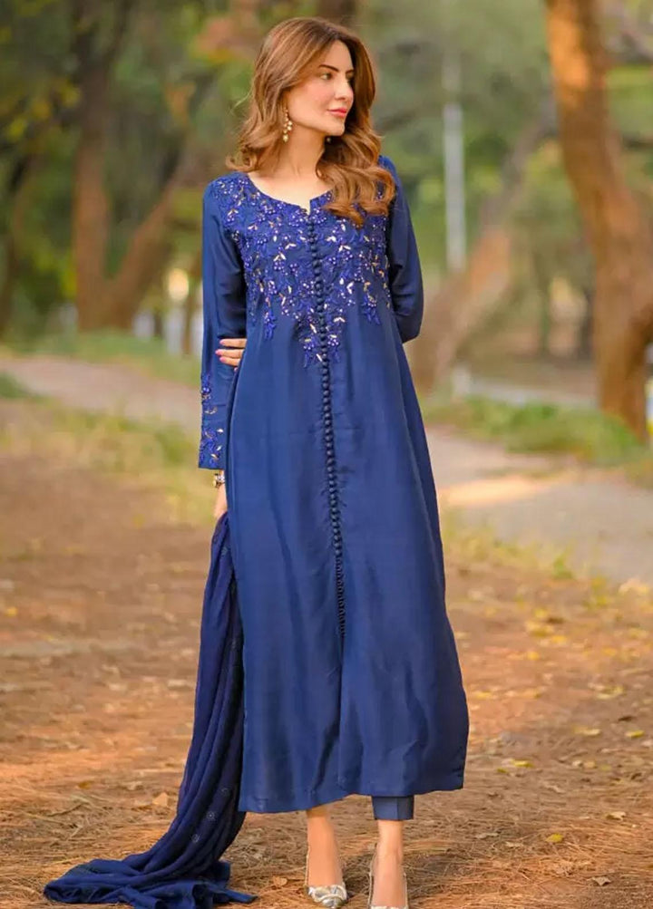 Hues Atelier Pret Embroidered Raw Silk 3 Piece Suit HA23LP Fusion Blue