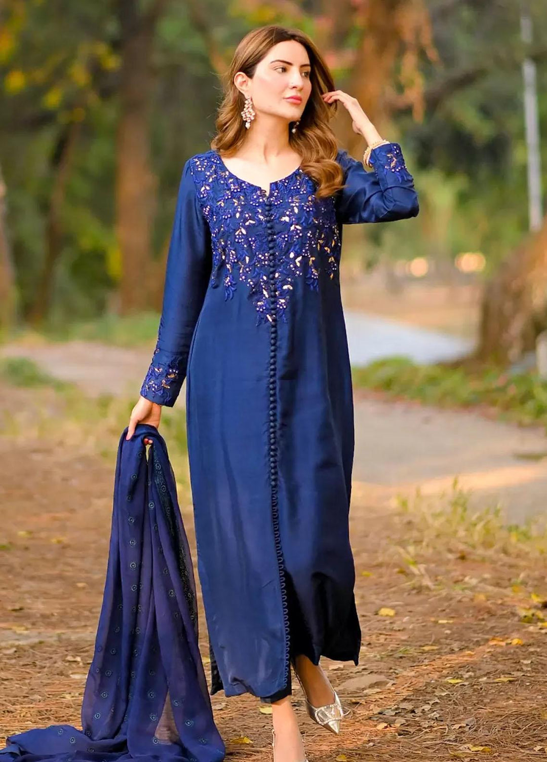 Hues Atelier Pret Embroidered Raw Silk 3 Piece Suit HA23LP Fusion Blue