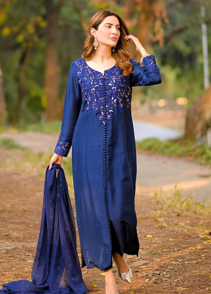 Hues Atelier Pret Embroidered Raw Silk 3 Piece Suit HA23LP Fusion Blue