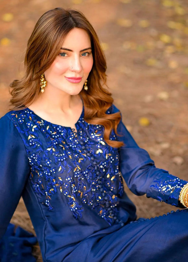 Hues Atelier Pret Embroidered Raw Silk 3 Piece Suit HA23LP Fusion Blue