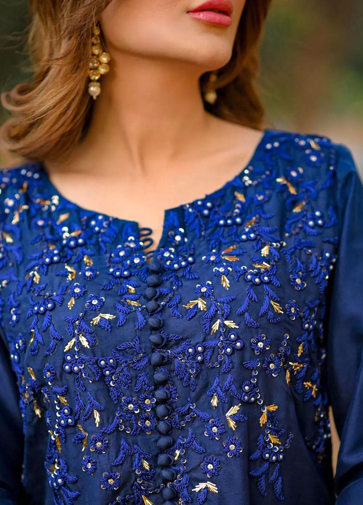 Hues Atelier Pret Embroidered Raw Silk 3 Piece Suit HA23LP Fusion Blue