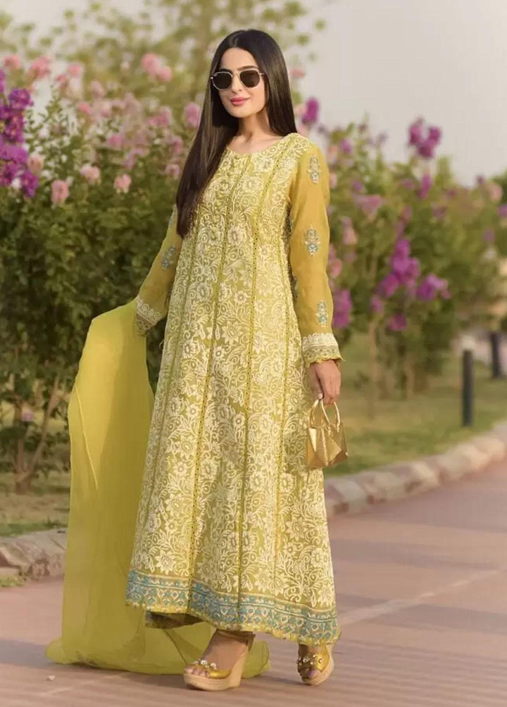 Hues Atelier Pret Embroidered Cotton Net 3 Piece Suit HA23LP Kalidar Green