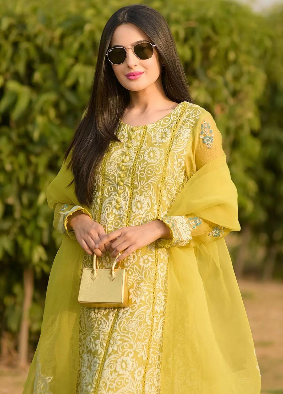 Hues Atelier Pret Embroidered Cotton Net 3 Piece Suit HA23LP Kalidar Green