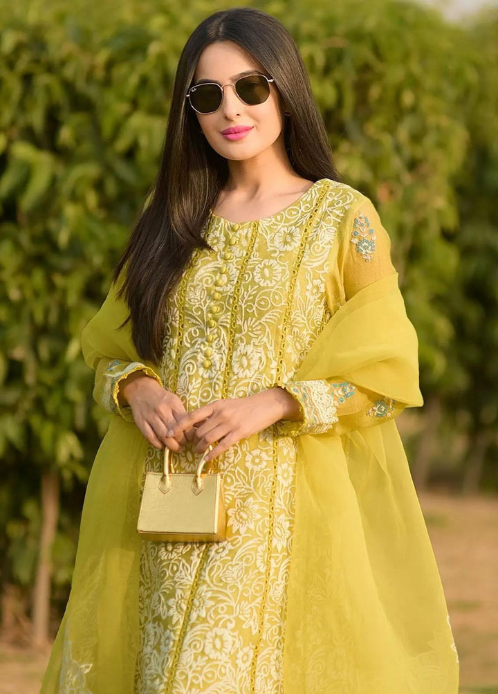 Hues Atelier Pret Embroidered Cotton Net 3 Piece Suit HA23LP Kalidar Green