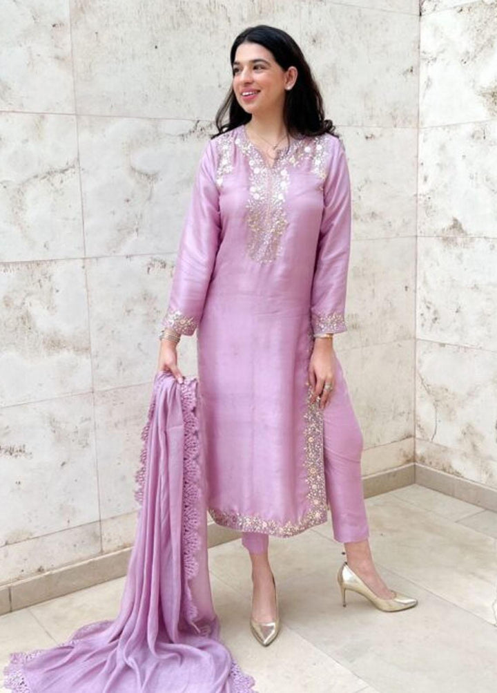 Hues Atelier Pret Embroidered Raw Silk 3 Piece Suit HA23LP Kamdani Pink