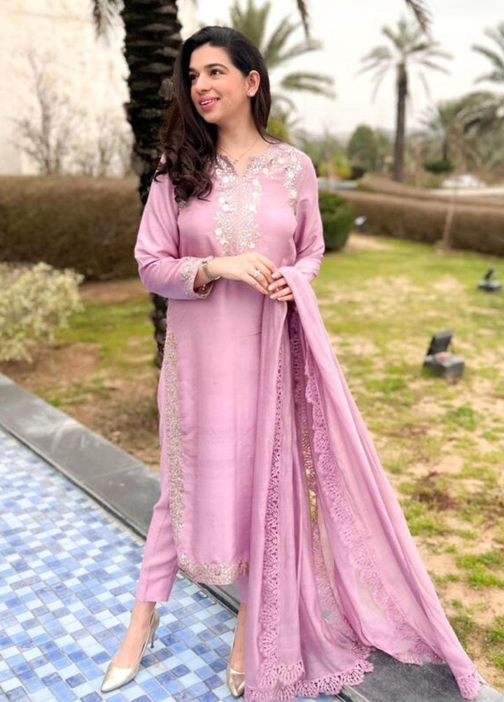 Hues Atelier Pret Embroidered Raw Silk 3 Piece Suit HA23LP Kamdani Pink