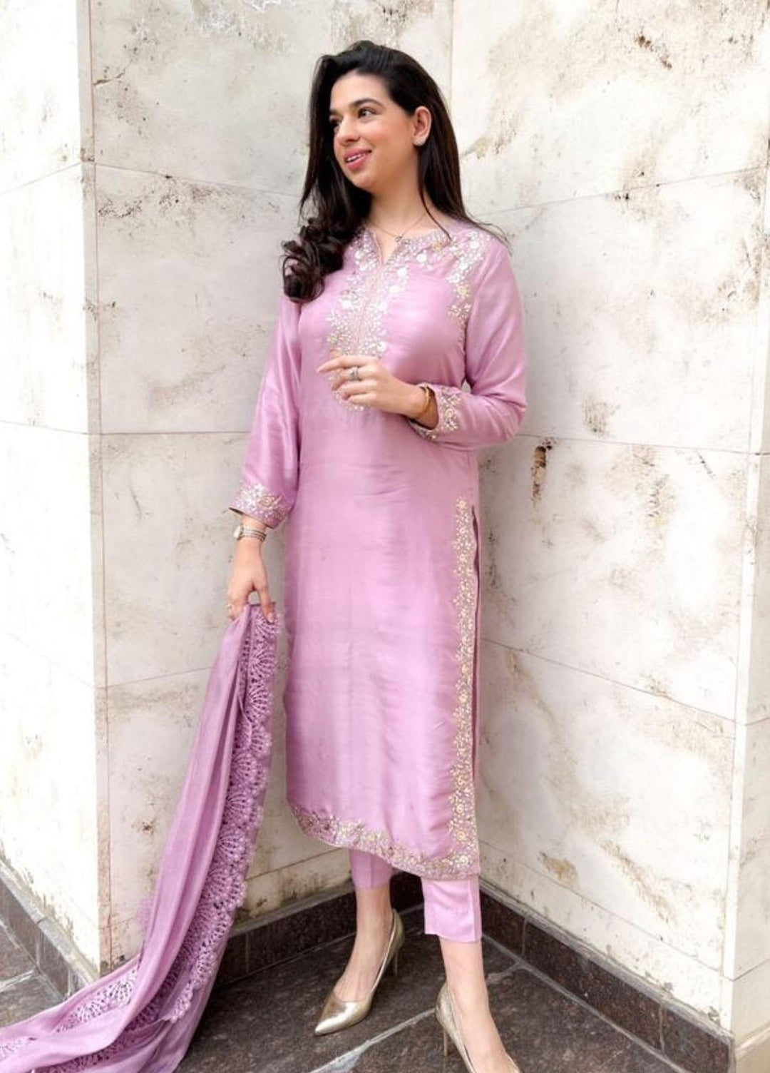 Hues Atelier Pret Embroidered Raw Silk 3 Piece Suit HA23LP Kamdani Pink
