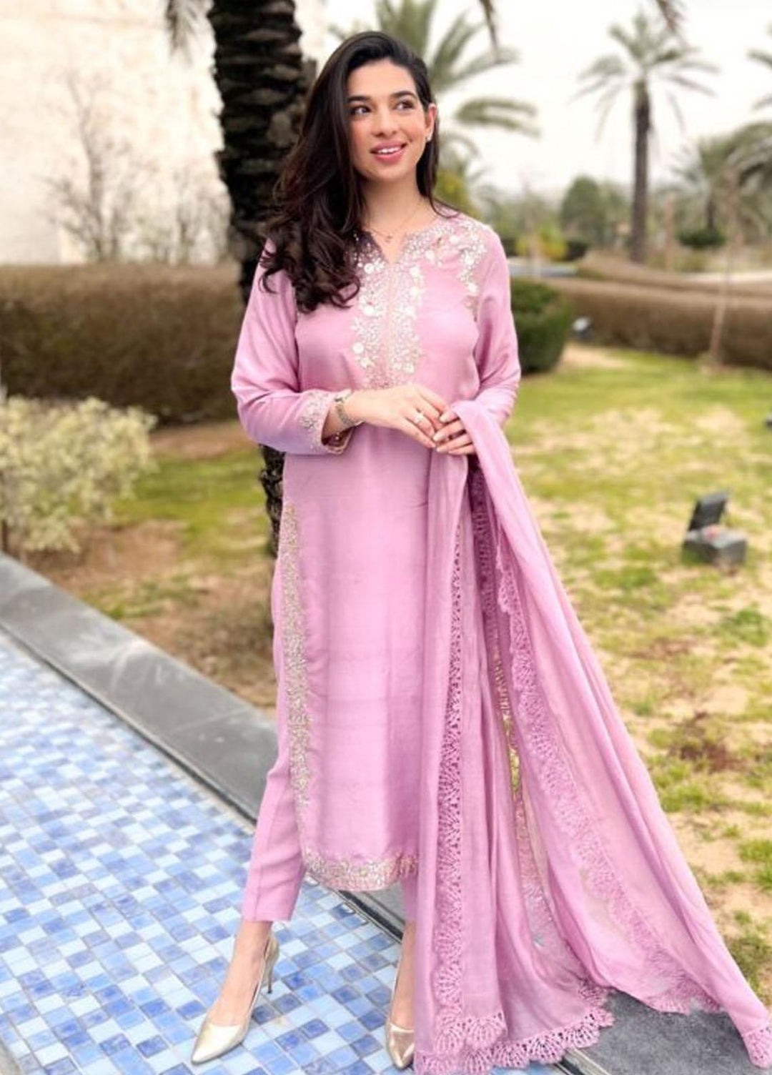 Hues Atelier Pret Embroidered Raw Silk 3 Piece Suit HA23LP Kamdani Pink