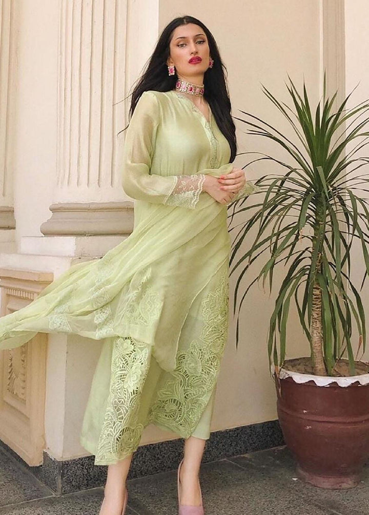 Hues Atelier Pret Embroidered Cotton Net 3 Piece Suit HA23LP Kiwi Green