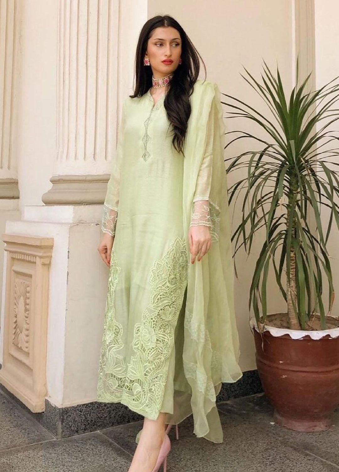 Hues Atelier Pret Embroidered Cotton Net 3 Piece Suit HA23LP Kiwi Green