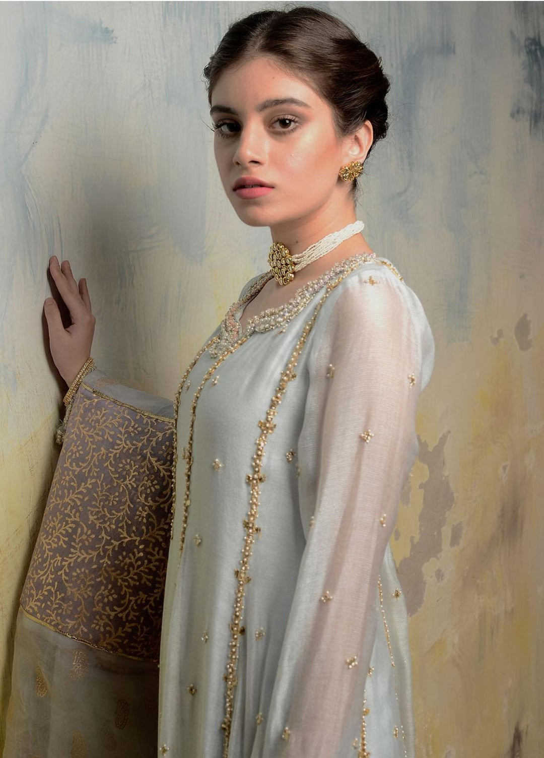 Hues Atelier Pret Embroidered Khaadi Net 3 Piece Suit HA23LP Lakhnawi Hem